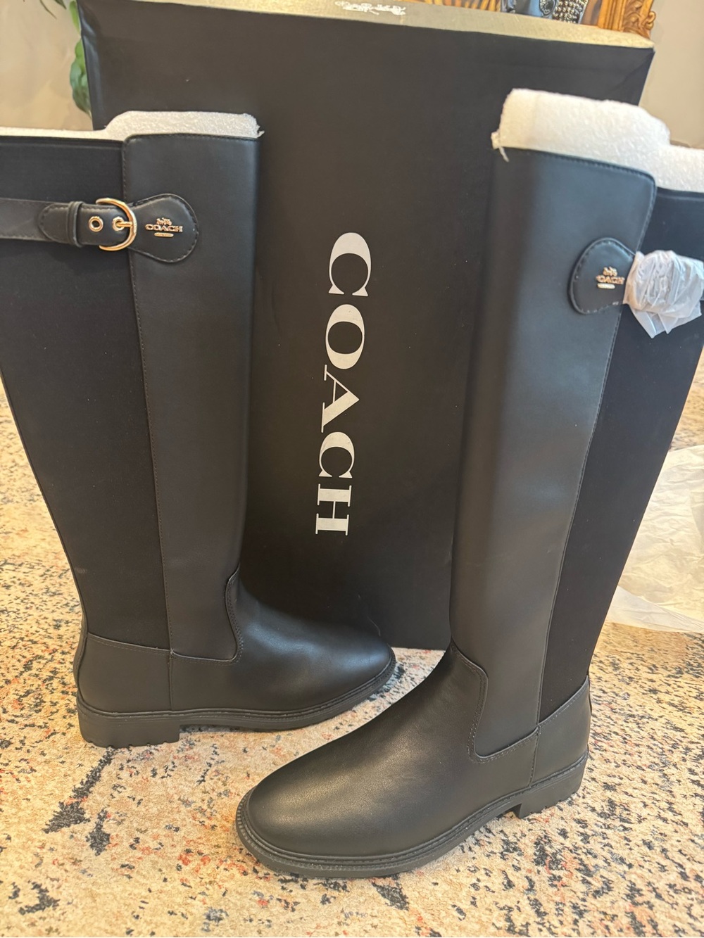 NIB Coach Black Over-the-Knee Riding Boots with Gold Buckle Detail